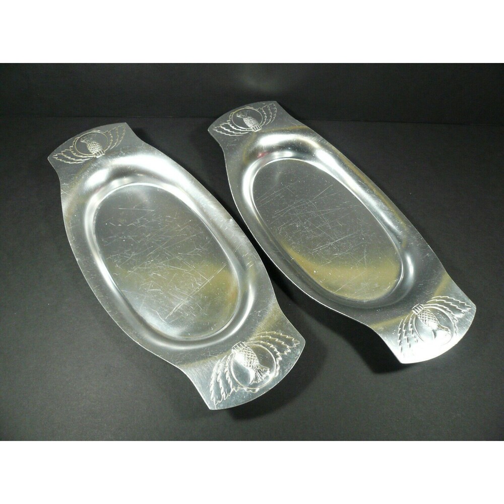 2 Vintage Kensington Aluminum Tray Sizzler Thistle Design on Ends 13.5"
